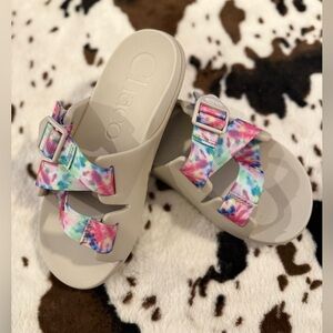 Chaco Chillos Slide Sandals Women’s 7 | Tie-Dye Straps | Cloud Gray Footbed